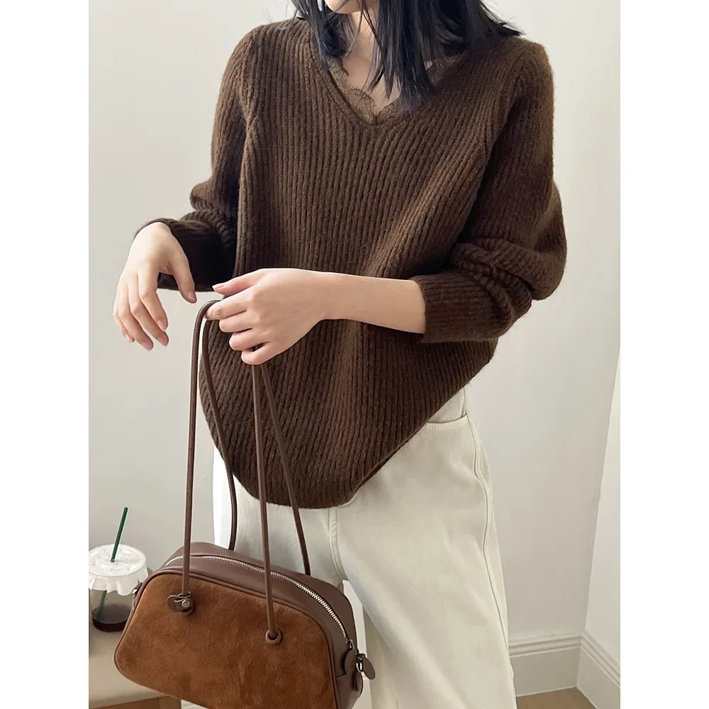 Женская одежда кружевной лоскутный свитер с v-образным вырезом новинка