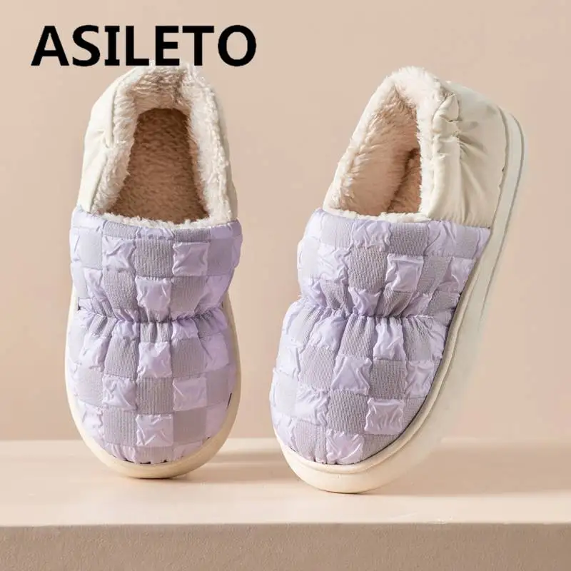 

ASILETO Down Slippers Ladies Winter Plush Thick Sole Indoor Home Non-slip Couples Mens Shoes Furry Warm Large Size 44 45 Mixed