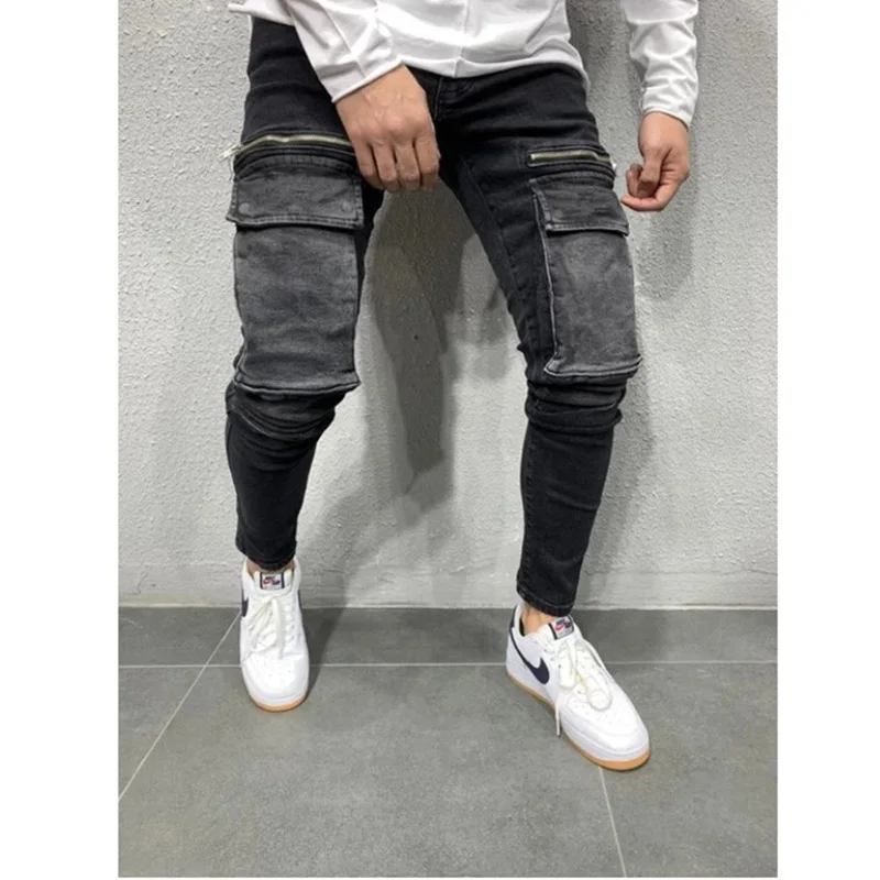 Men Jeans Spring Solid Slim Pocket Stitching Jeans Men Button Mid Waist Zipper Denim Pencil Pants Trousers Sports Hip-Hop Jeans