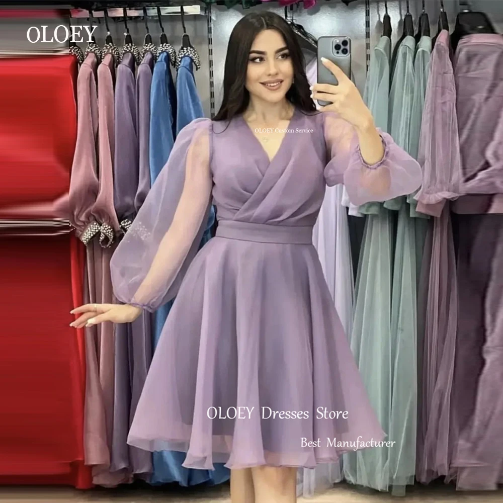 

OLOEY Lavender A Line Organza Prom Dresses Knee Length Long Sleeves V Neck Simple Dubai Arabic Evening Gowns Formal Party Dress