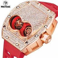 pintime original luxury full diamond iced out male watch bling ed rose gold case silicone band quartz wristwatches clock for men