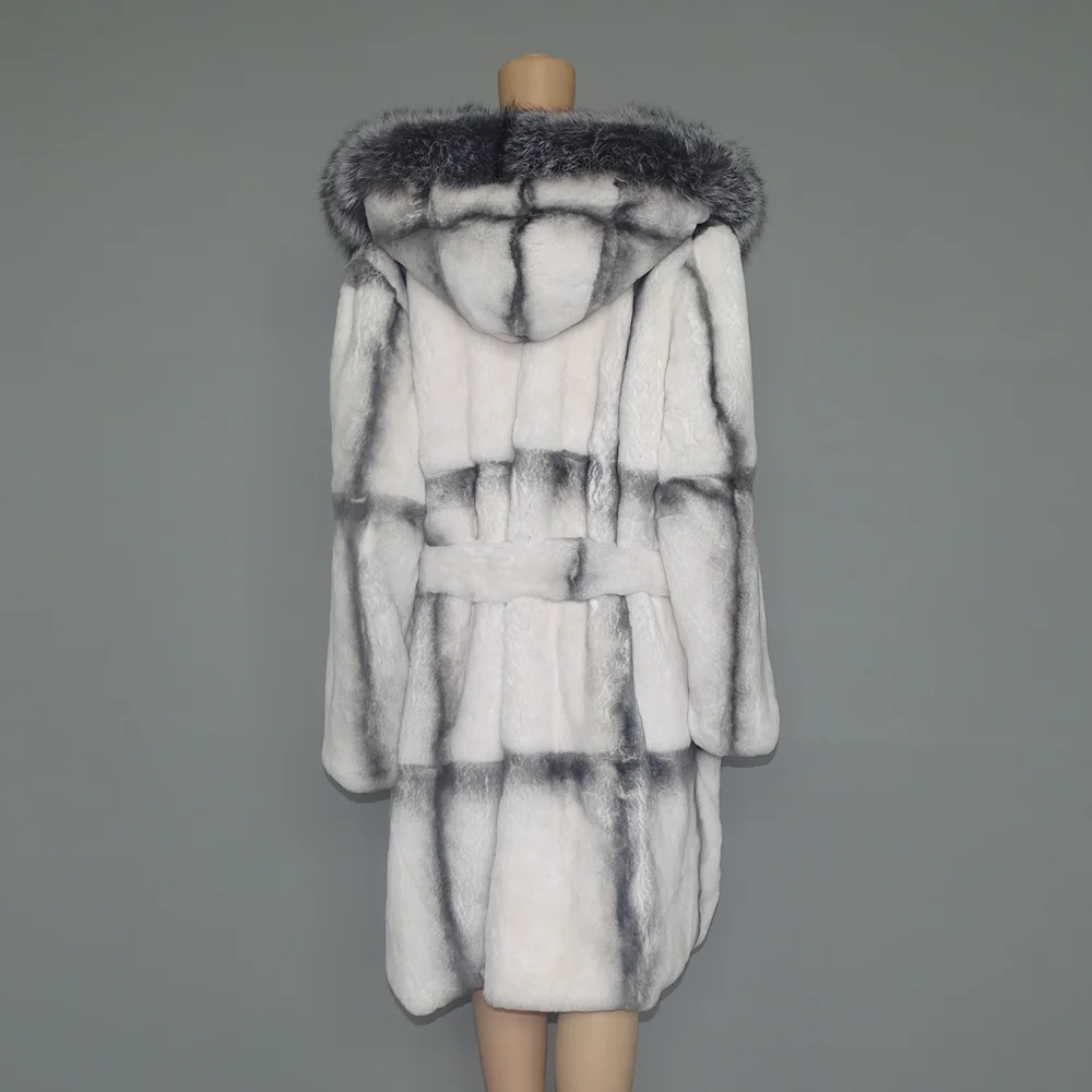 Winter Women Luxury Lexus Rex Rabbit Fur Coat Long Real Fur Coat Large Silver Fox Fur Collar Thick Warm Fashion Streetwear