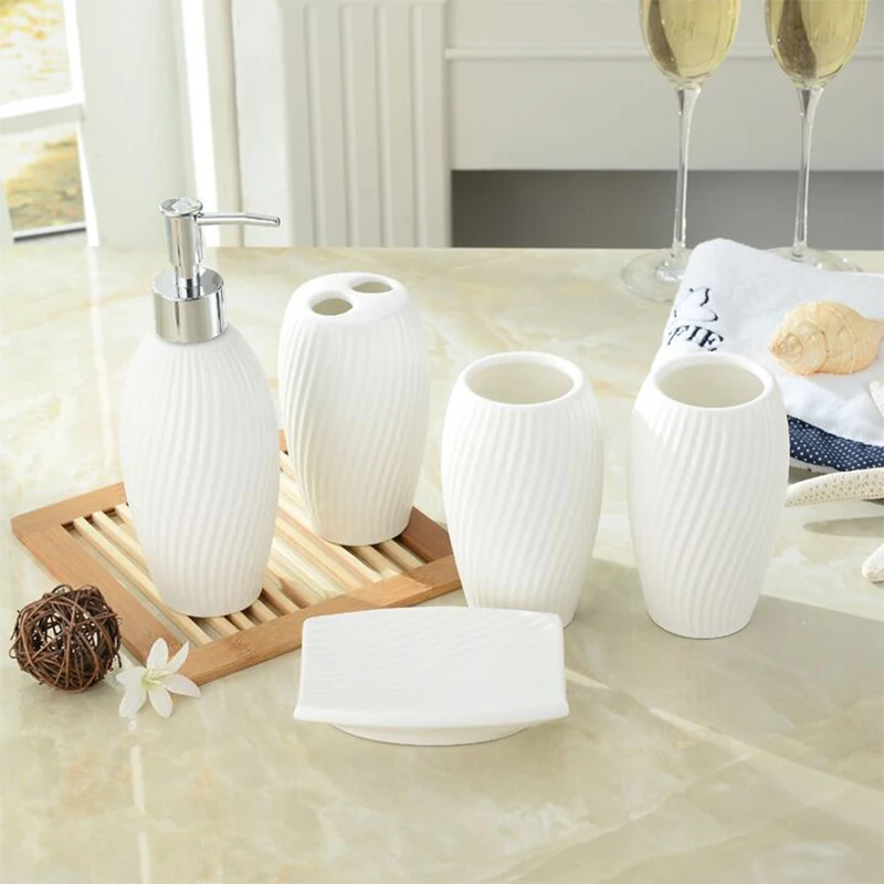 White Embossed Ceramic Wash Five Piece Bathroom Mouthwash Cup Toothbrush Cup Liquid Sub Bottling Soap Dish Bathroom Accessories