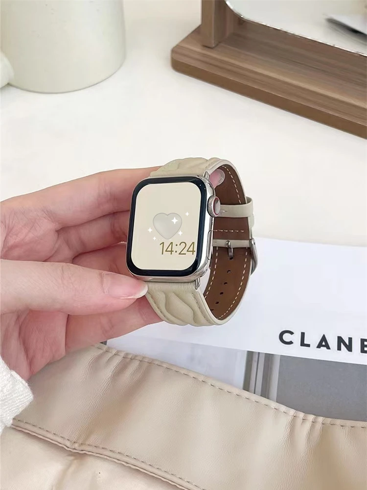 

Ремешок волнистый из натуральной кожи для Apple Watch Band 40 мм 41 мм 38 мм 49, Роскошный дизайнерский браслет для Iwatch Series 8 7 6 Se 5 3 2, женские часы