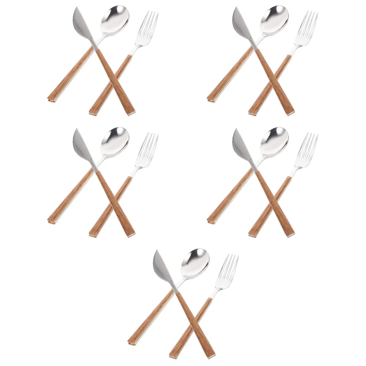 

5 Sets of Stainless Steel Tableware Flatware Wood-like Handle Fork Spoon