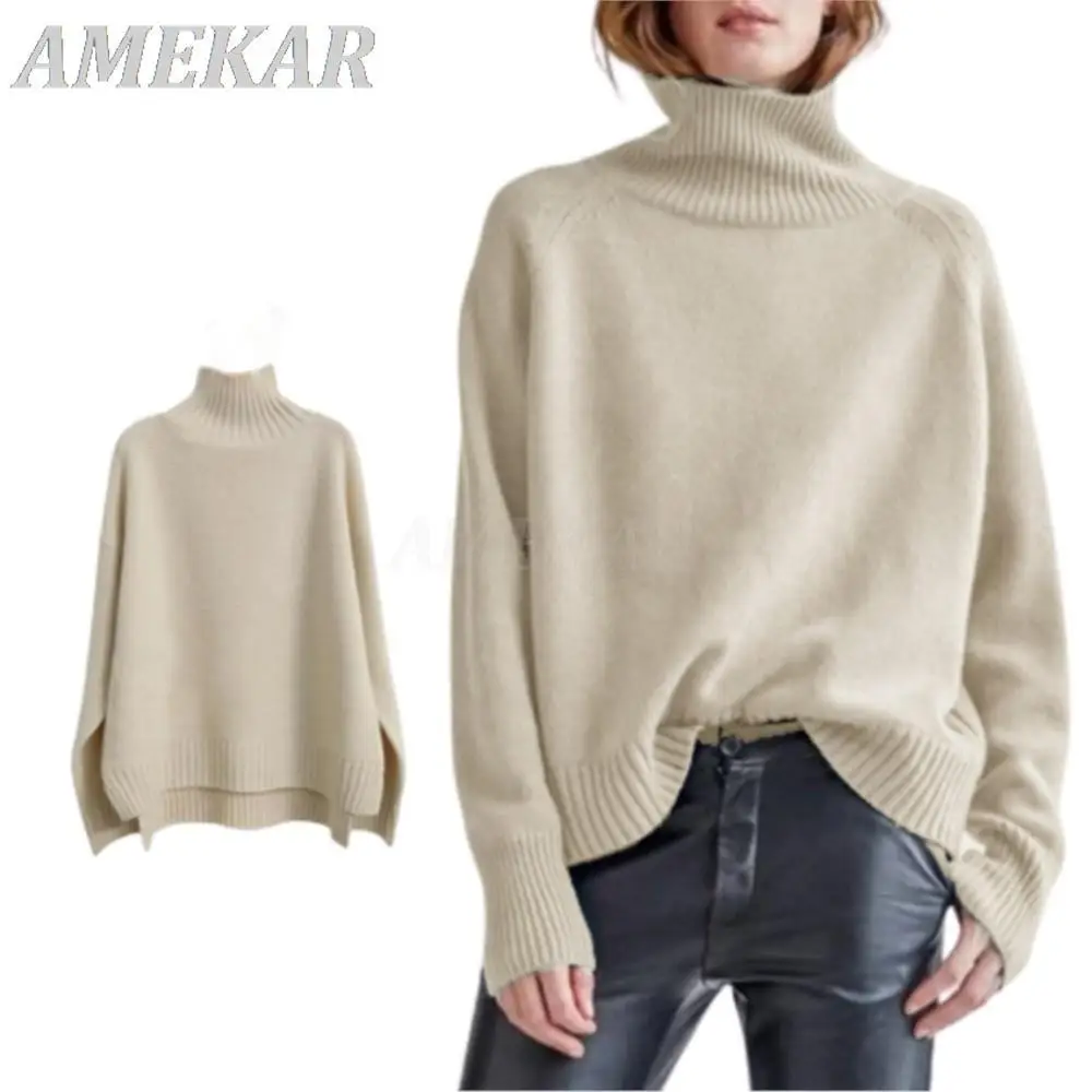 Women Autumn Winter Cashmere Sweater High Neck Thick 100% Wool Warm Sweater Lady Lazy Loose Solid Knit Pullover Bottoming Shirt