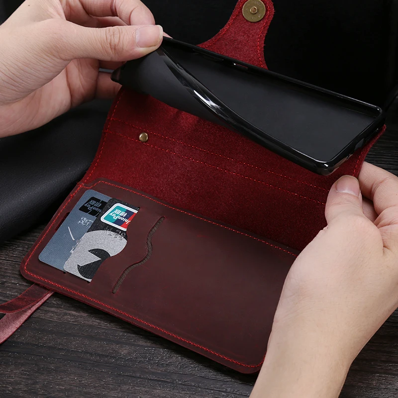 Genuine Pull-Up Leather Flip Phone Case For iPhone 14 Pro Max 13 12 Mini XS XR X 8 Handmade Crazy Horse Slot Wallet Cover Strap