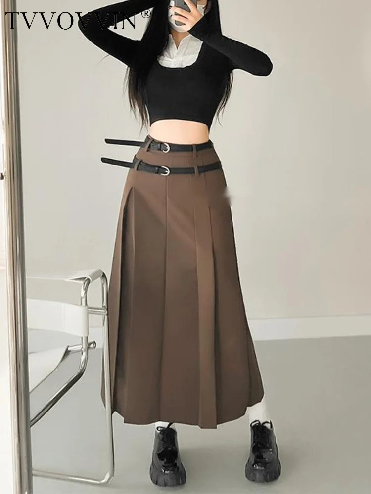 

Thickened Pleated Long TVVOVVIN Skirt Women Autumn Winter A-line High Waist Skirt Fashion Preppy Style High Waist Belt U46G