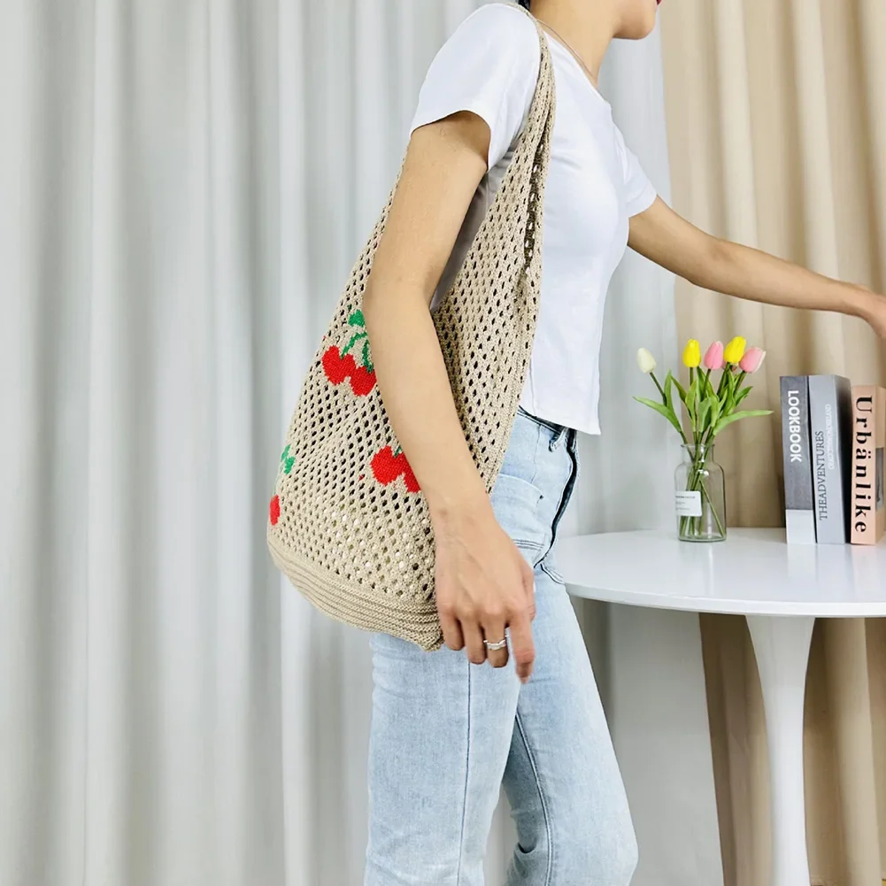 Женская Большая Вместительная Вязаная Сумка-тоут С Крючками И Милым Клубничным