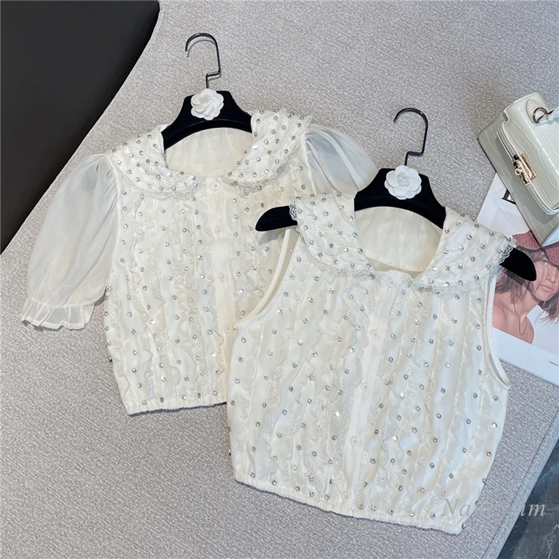 

Shiny Rhinestone Lace Edge Blouse for Women 2022 Summer New Mesh Puff Sleeve Slimming High Waist Crop Top Ladies Shirts
