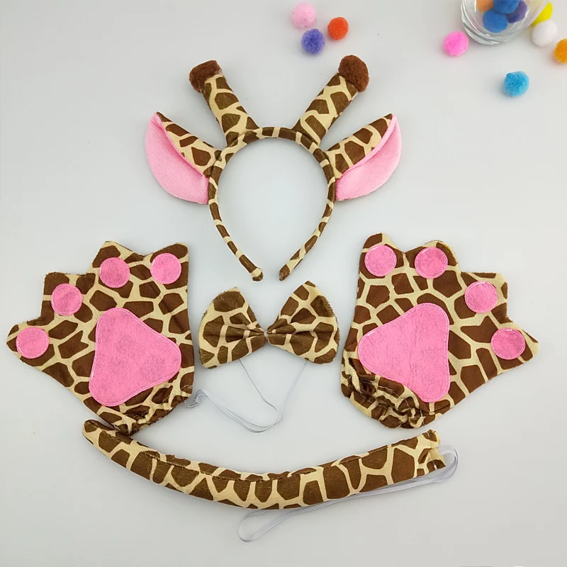 

Adult Kids Party Giraffe Headband Bow Tie Tail Paws Gloves Animal Cosplay Hair Bands Plush Christmas Halloween
