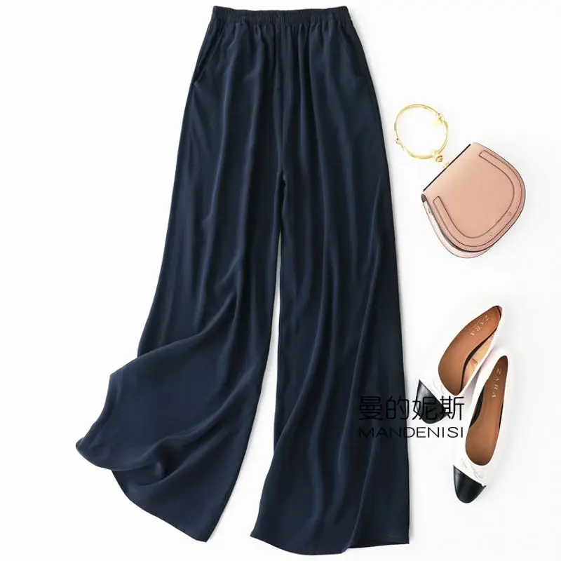 

Women's 100% Pure Silk Thin Loose Type Wide Leg Long Pants Trousers beige black navy MM002