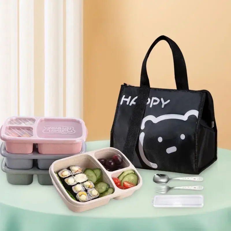 

1Set Microwave Lunch Box Wheat Straw Dinnerware Food Storage Container Children Kids School Office Creative Tableware Lunch Bag