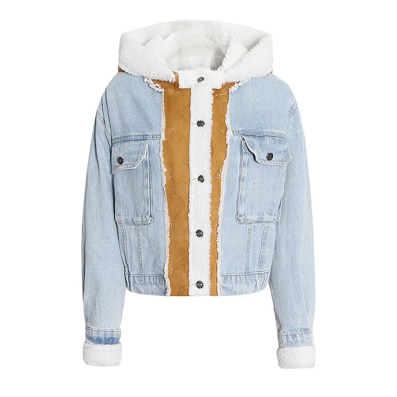 Women Furry Denim Jacket Autumn and Winter Contrast Color Stitching Large Pocket Lamb Wool Coat