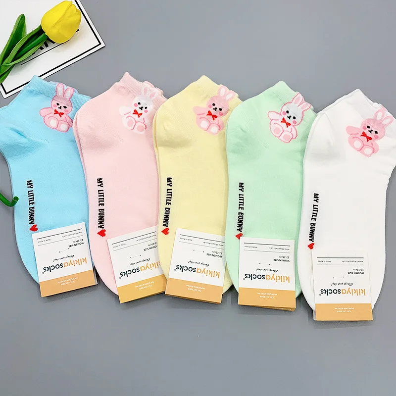 

Woman Sock Candy Color Rabbit Print for Women Socks Short White Cotton Korean Soft Kawaii Hosiery Spring Summer Casual Ladies