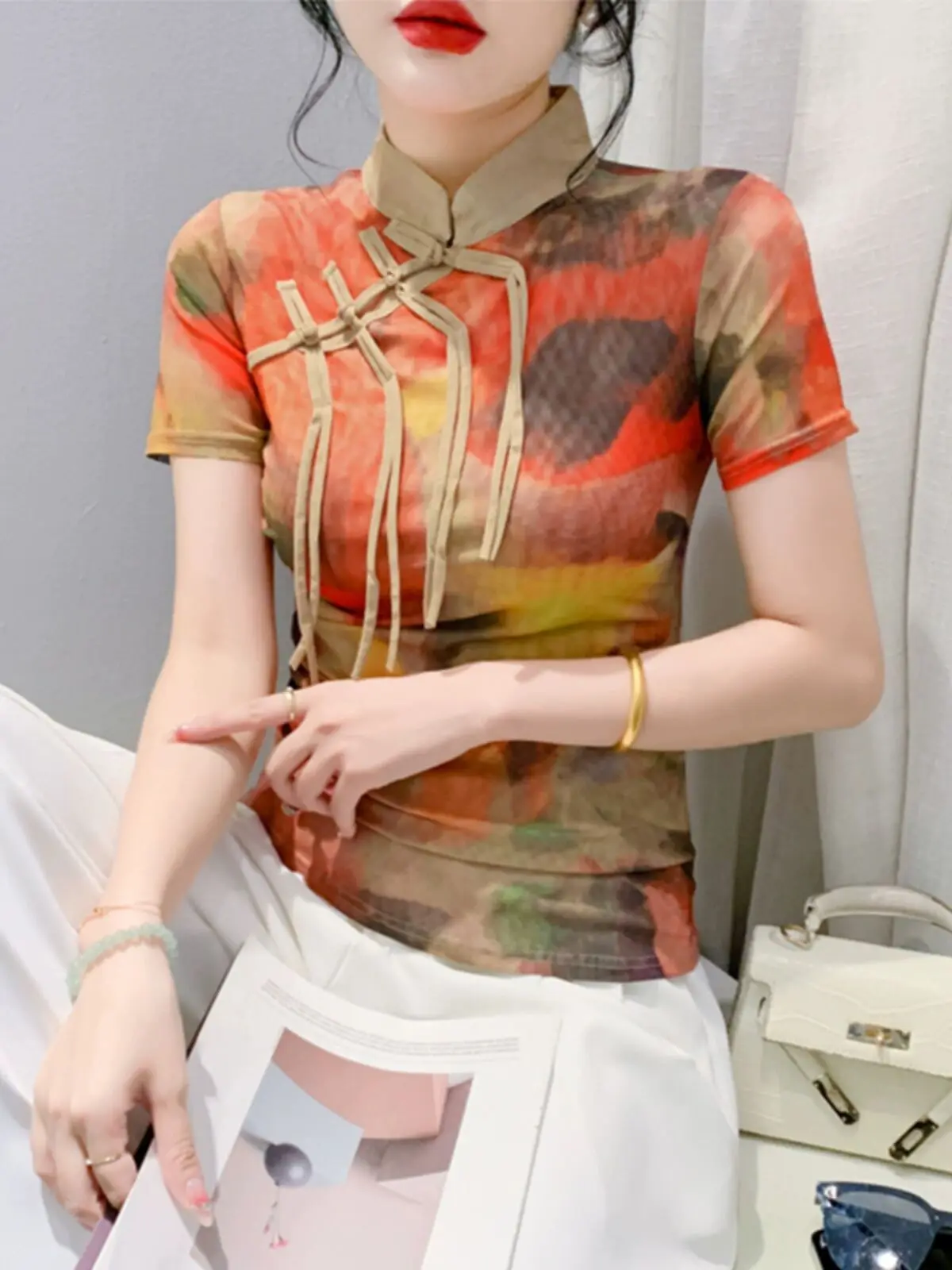 Новинка 2024 женская футболка в китайском стиле на весну и лето с