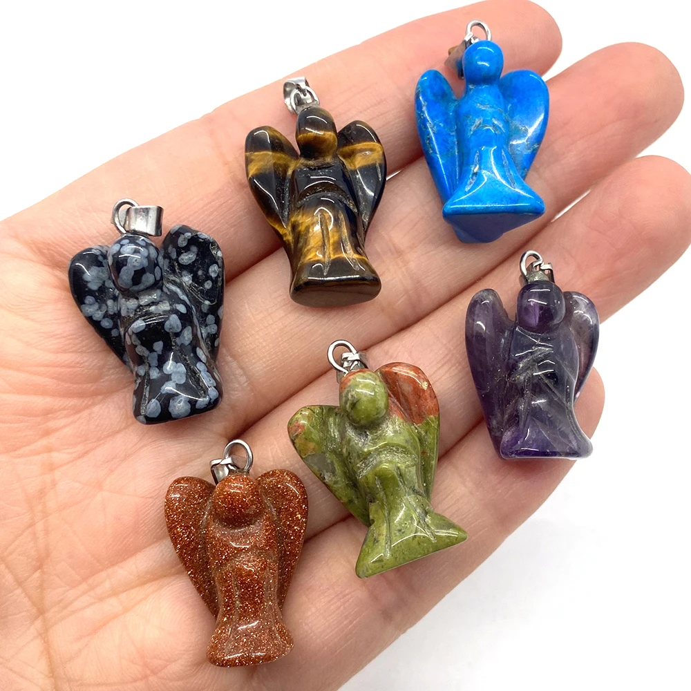 

Charm Jewelry Natural Stone Pendant Angel Shape Reiki Healing Amethyst Opal Necklace Pendant for Jewelry Making DIY Gift