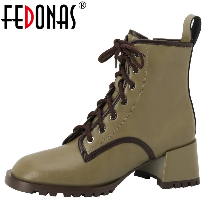 

FEDONAS Brand New Women Ankle Boots Autumn Winter Office Ladies Thick Heels Genuine Leather Mixed Colors Lace-Up Shoes Woman