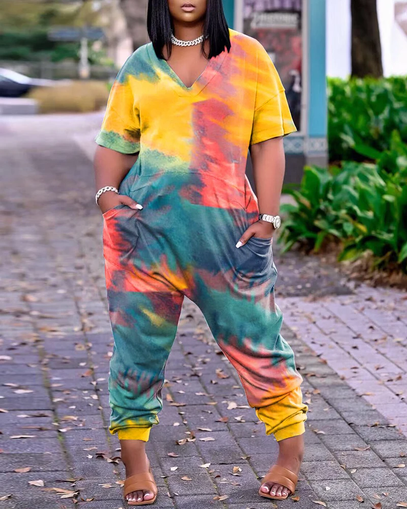 

S-5XL Streetwear Summer V Neck Tie Dye Print Pocket Design Short Sleeve Casual Oversized Long Pants Plus Size Jumpsuit Lounge