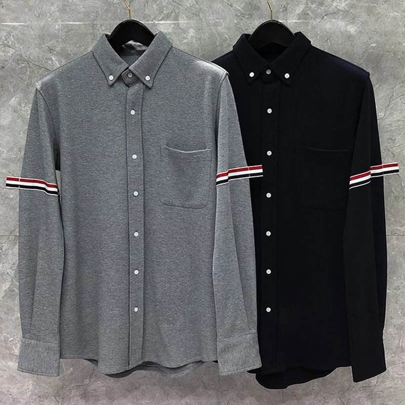 

Рубашка мужская демисезонная из хлопка, в полоску, с лентой