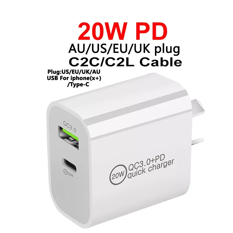 

PD20W Type C Quick Charger Adapter For iPhone 11 12 Pro Max QC 3.0 US EU AU UKPlug Travel Wall Charger For Xiaomi Huawei Samsung