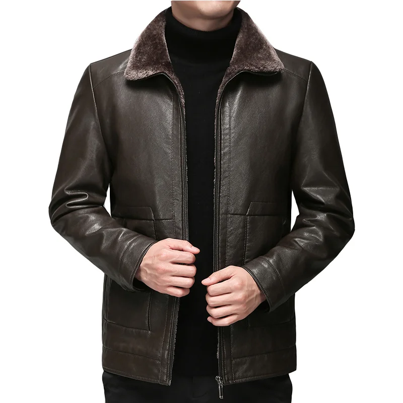 Men's clothing autumn winter leather jacket/plush thickened middle-aged large leather coat artificial leather man leather jacket