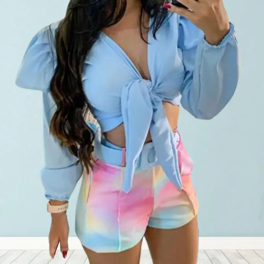 

2Pcs/Set Women Top Pants Suit Solid Color Top Long Sleeve Colorful Pants Big Knot Deep V Neck Tie-dye Lady Summer Set Short Sets