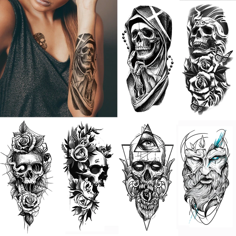 

Black Skeleton Skulls Temporary Tattoos for Men Women Body Art Arm Sleeve Wolf Tattoo Sticker Fake Tattoo Temporari Waterproof
