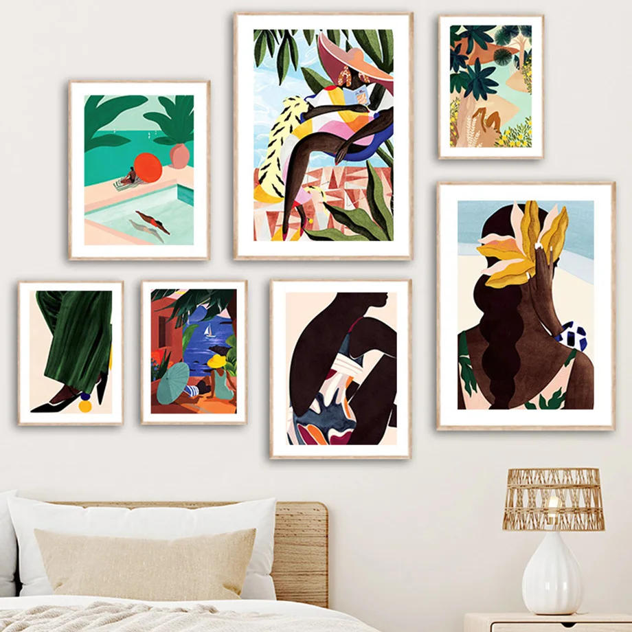 

Boho Girls Flower Leaves Sea Sun Wall Art Canvas Painting Nordic Posters And Prints Abstract Wall Pictures For Living Room Decor