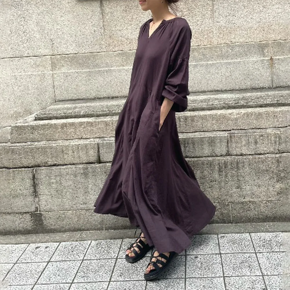 

Maxi Dresses For Women 2022 Summer Casual Long Sleeve V-Neck Pocket Plain Female Japanese-style Simple Long Dress