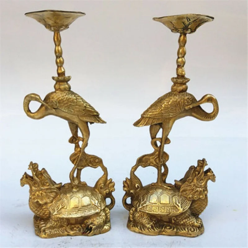

9" Chinese Brass Copper Crane Dragon Turtle Candle Stick Statue Pair