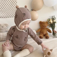 cute bear print baby long sleeve bodysuit loose infant casual jumpsuit hat boys girls pajamas outfits toddler waffle clothes