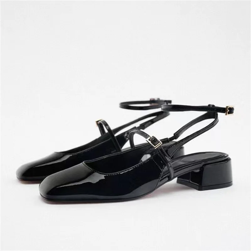 

Woman Square Toes Black Single Shoes TRAF Ankle Straps Slingbacks Mary Jane Shoes Vintage Patent Leather Low-heel Sandals Women