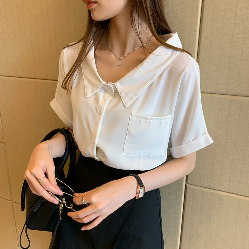 

Blouse Women Doll Collar Chiffon Shirt Single-breasted Cardigan Pocket Solid Color Short Sleeve Summer Loose Type Tenafeicc