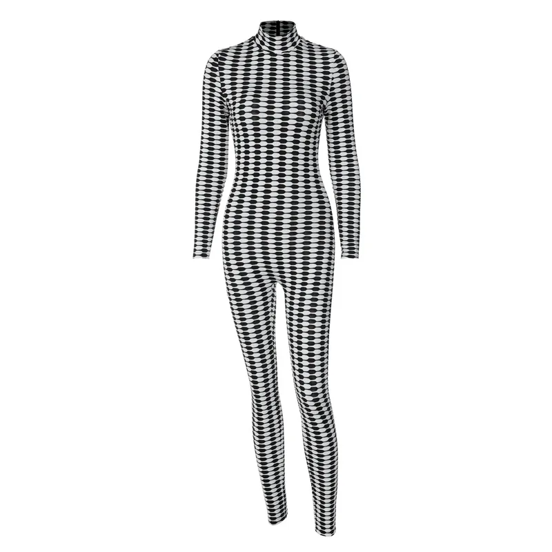 2023 Summer Women's New Thousand Bird Checker Printed Zipper High Neck Long Sleeve Tight Heel Up Jumpsuit