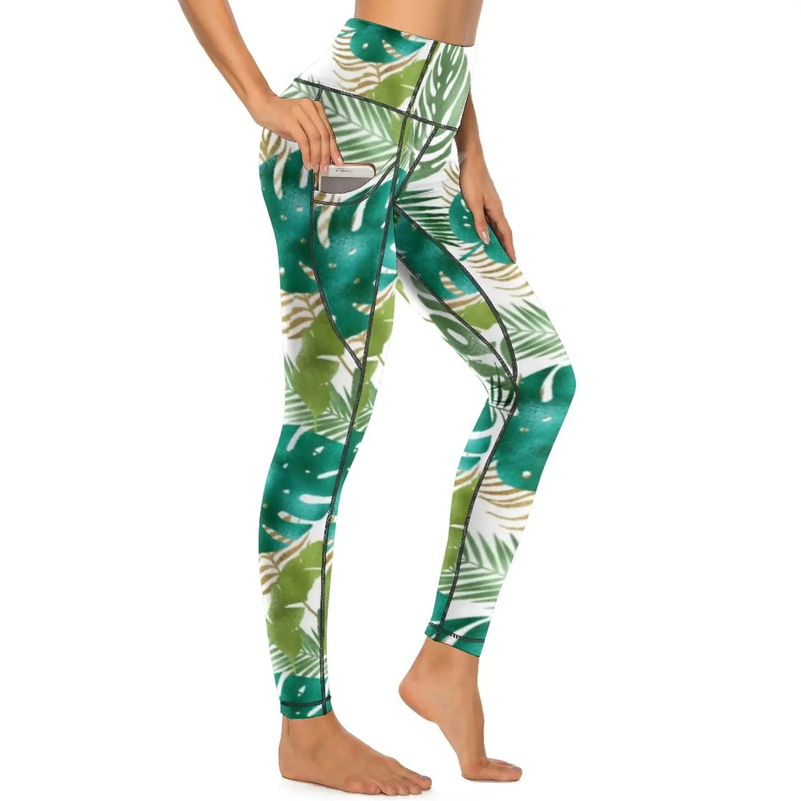 

Variety Metallic Colors Yoga Pants Pockets Lady Green Palm Leaf Leggings Sexy High Waist Retro Yoga Tights Stretchy Gym Leggins