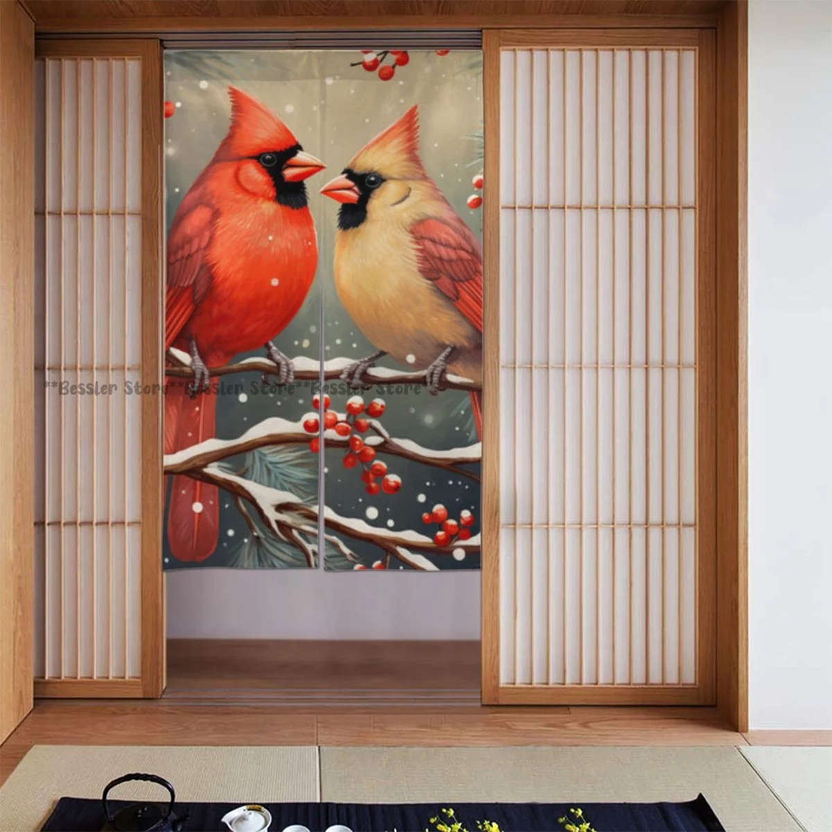 Дверная занавеска с кардинальными птицами сидячи на ветке рождественской елки