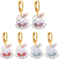 1635mm 2 pairs korean fashion cartoon rabbit bow pink girls pendant earrings vintage enamel alloy women jewelry hoop earrings