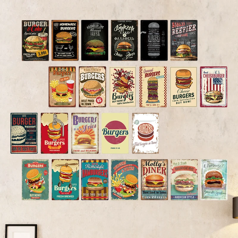 

Delicious Hamburger Food Signs Metal Plaques Barbecue Kitchen Restaurant Shop Tin Sign Decorative Posters Retro Iron Paintings 1