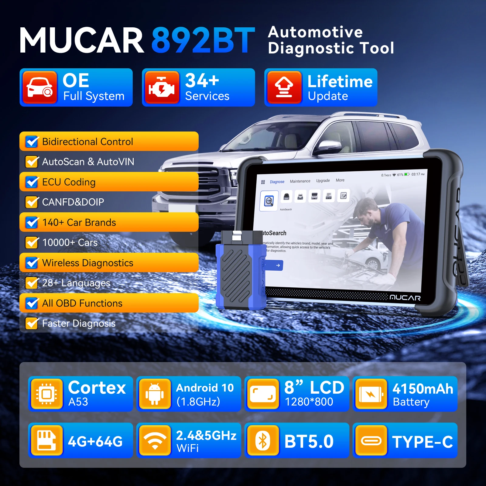 Фото Диагностический сканер MUCAR 892BT AI CANFD OBD2 для полной диагностики системы, инструмент для кодирования ЭБУ, 35 функций сброса, пожизненные бесплатные обновления №4