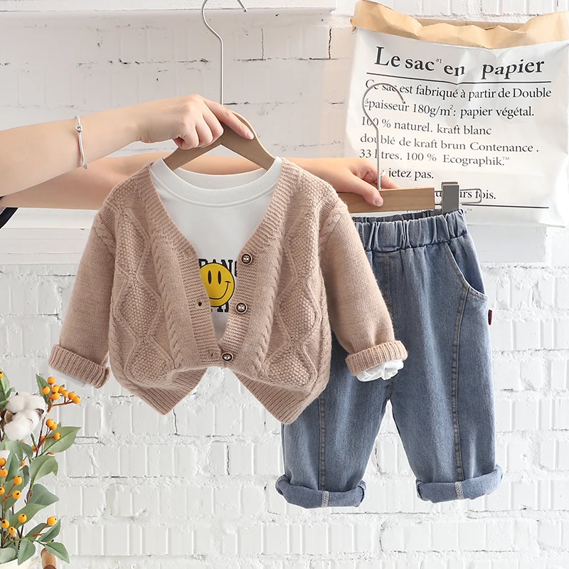 

Spring Autumn Toddler Boy Fashion Suits 3pcs Clothes Sets Baby Girls Diamond Sweater Cardigan+Cotton T-shirt+Jeans Kids Clothing