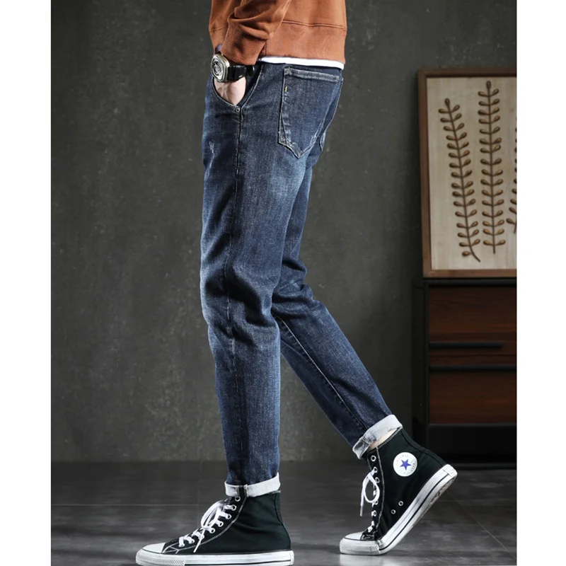 Streetwear Men 2022 Autumn New Pattern Korean Version Recreational  Elastic Force Jeans Plush Thickened Slim Navy Pants Female