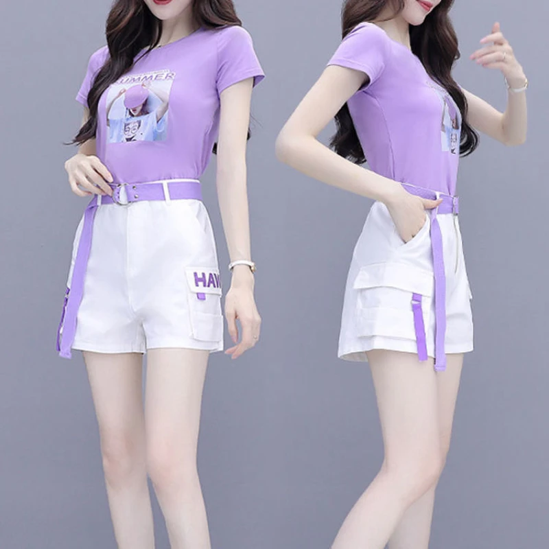 

Women Casual Tracksuit Female Two Piece Set Summer T-Shirts and Shorts Sets Ladies Two Piece Set Print Short Sleeve Top Suit A01