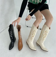 women mid calf western boots cowboy pointed toe knee high pull on boots ladies fashion leather motorcycle boots botas mujer