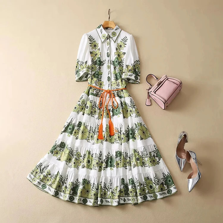

Green Flower Print Women Vintage Dress Sashes Belt Elegant Slim Fit Casual Party Vacation Long Dresses For Lady