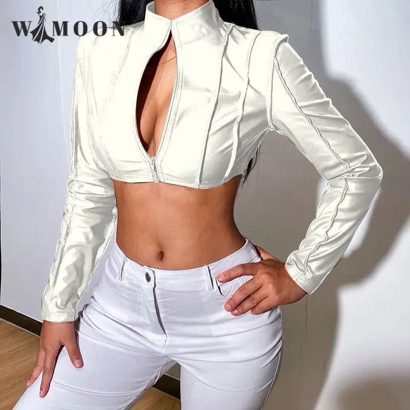 Long Sleeve Tide Short Coat  Women Autumn Winter New Ultra Short Zipper Leather Coat Sexy Club Bodycon Party Leather Jacket