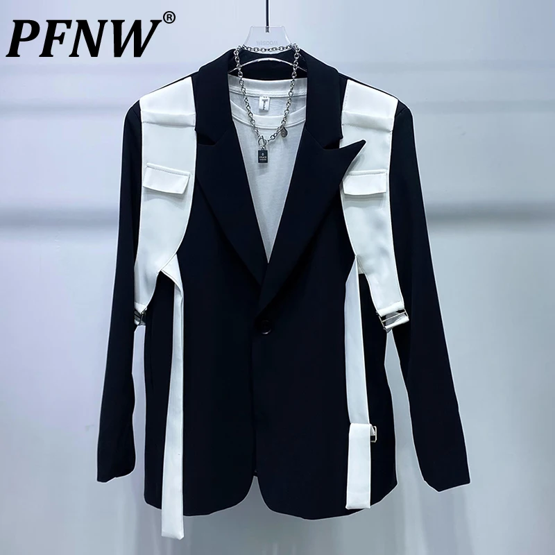 

PFNW Autumn New Men's High-end Suit Coat Houlder Strap Splicing Korean Fashioon Casual Daily Street Loose Niche Blazers 28A3712