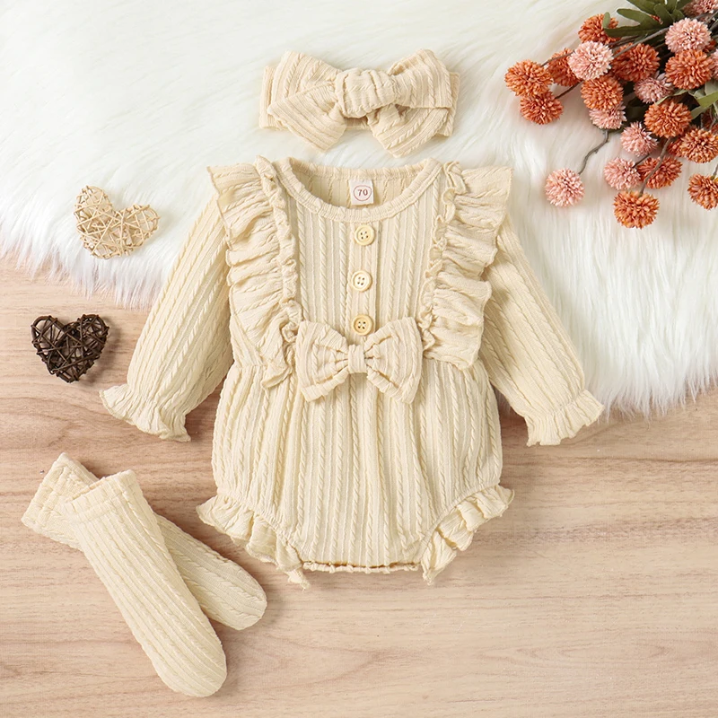 2023 Baby Girls 3Pcs Spring Outfits Long Sleeve Button Front Ruffle Romper + Socks + Headband Baby's Sets New Born Items
