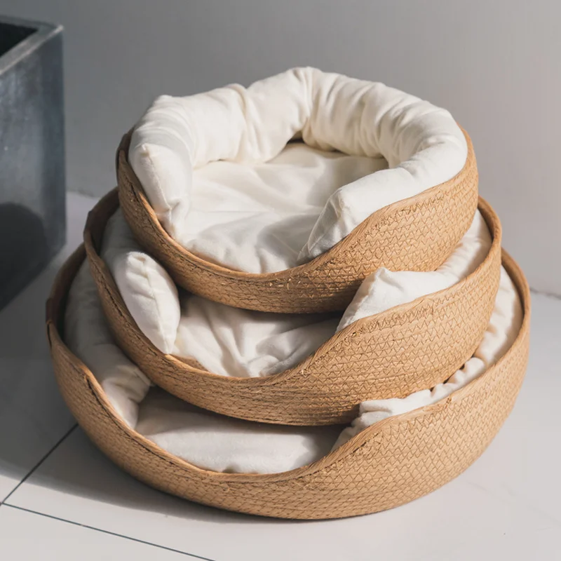 

Bed for Cat Cat Kennel Dog Beds Sofa Bamboo Weaving Four Season Cozy Nest Baskets Waterproof Removable Cushion Sleeping Bag