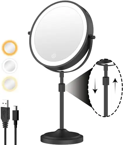 

Lighted Makeup Mirror with 1X 10x Magnification, 5000mAh Rechargeable Led Magnifying Vanity mirror with lights, 3 Lighting Color